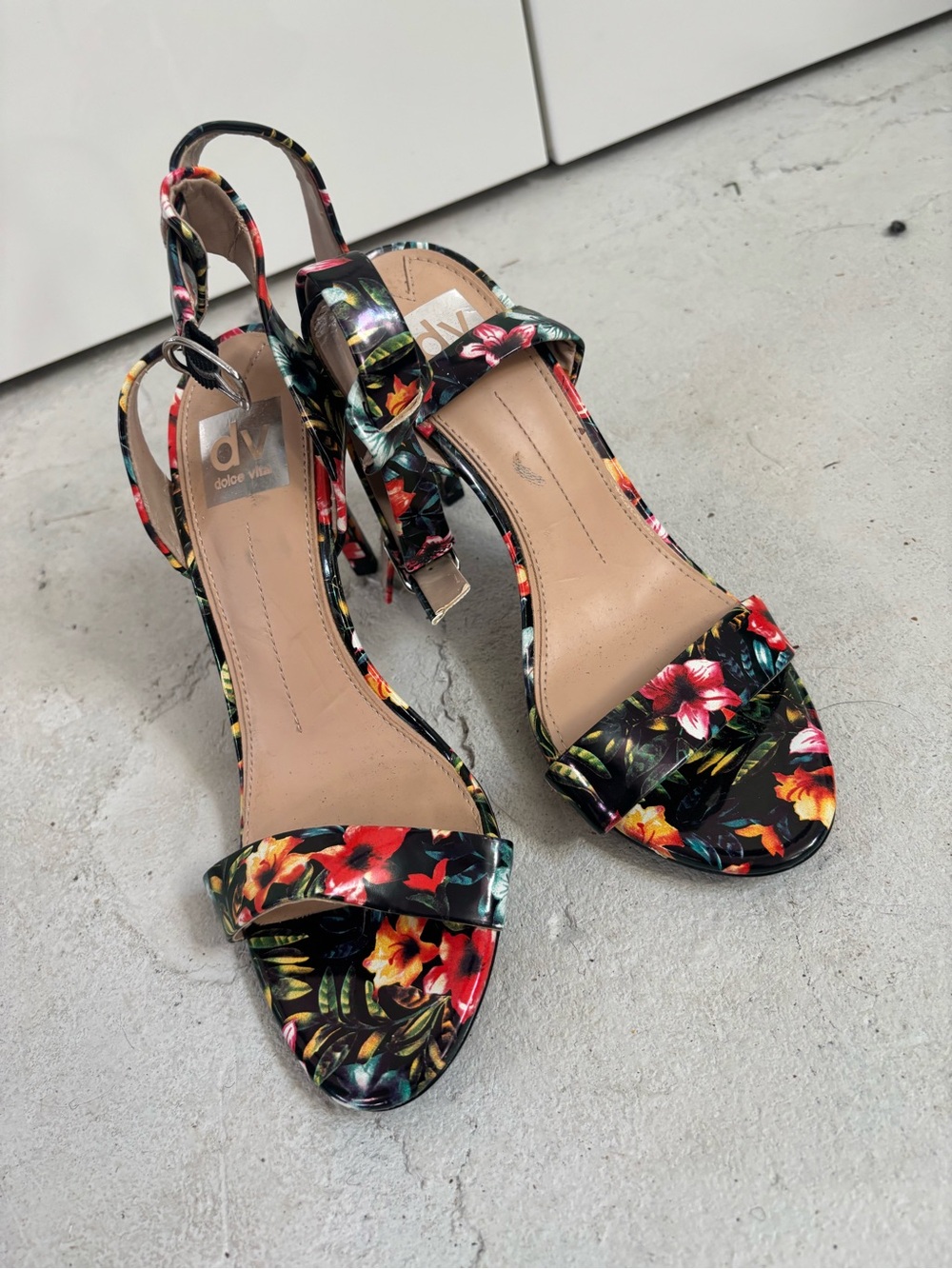 Dolce Vita Black Floral Open-Toe Slingback Heels